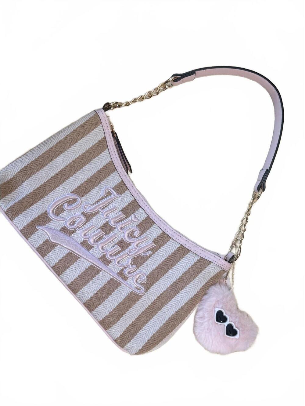 Juicy Couture Y2K Coquette Striped Shoulder Bag Pink Beige Monogram Lined Hobo